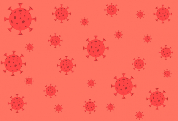 A pattern of smaller and larger coronovirus cells in light red against an orangey-pink background 